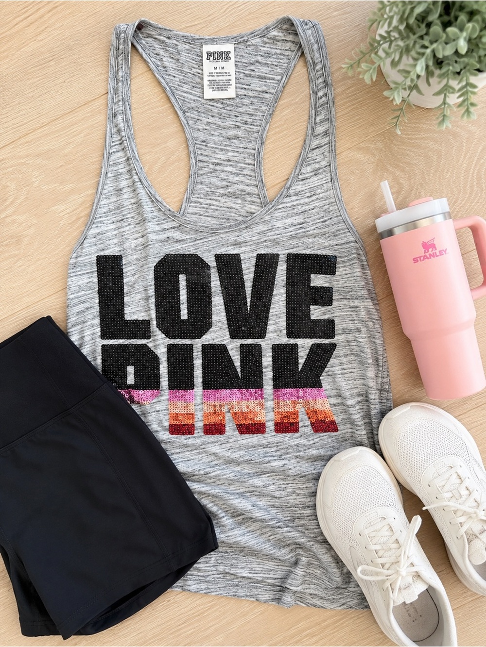 PINK Victoria’s Secret Gray Sequin LOVE PINK Racerback Tank Top Medium